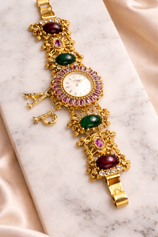 Elegant golden wristwatch with initials